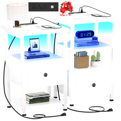 Girapow Nightstands Set of 2, 3-Tier Nightstand with LED Lights, 26.8'' Nightstands with Charging Station and USB Ports, Adjustable Wood Drawer, End Table Bedside Table with Storage for Bedroom, White
