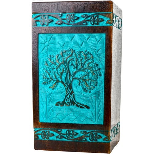 INTAJ Wooden Cremation Urns for Human Ashes - Large 180 lbs, Handcarved Tree of Life Design, Suitable for Men, Women, Mom, Dad - TSA Approved, Decorative Memorial Urn Box, Green