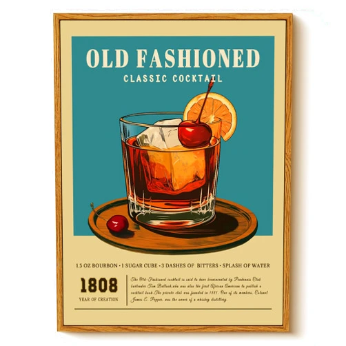 WHASAYART Vintage Old Fashioned Cocktail 12x16 Inch Framed Canvas Wall Art, Retro 1808 Classic Whiskey Drink Recipe Illustration Print, Vibrant Home Cafe Kitchen Dining Room Office Decor