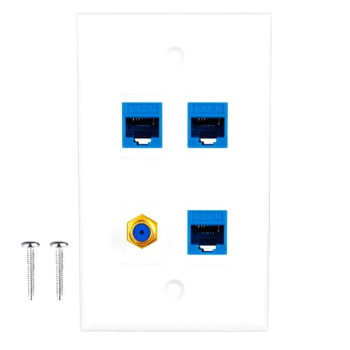 IQIAN 4 Port Wall Plate with Gold-Plated Coaxial TV Cable F Type + 3 Port Cat6 Ethernet Female to Female Jack in White …