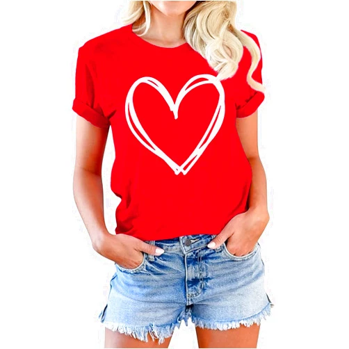 Beopjesk Valentine's Women's Wife's Day Graphic Tees Short Sleeve Heart Printed Shirts Blouse Tops