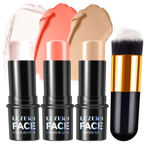 Lezero 3Pcs Cream Contour Stick Makeup Kit, Shades with Highlighter Stick, Blush Stick and Bronzer Contour Stick for Sculpt the Cheeks, Long Lasting, Waterproof, Matte & Dewy Finish, FAIR (#07,10,13)