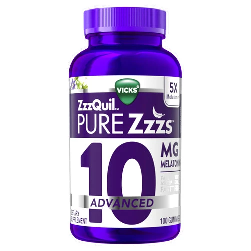 ZzzQuil PURE Zzzs, Advanced 10mg Melatonin Gummies, Sleep Aid, Berry Flavored, with Chamomile & Lavender, Fall Asleep Fast, Drug-Free, Non-Habit Forming, 100ct