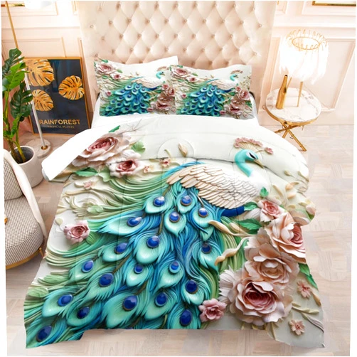 CCoutueChen Peacock Flower Comforter Set Queen Size Elegant Floral Animal Bedding Set Fashion Flower Bird Comforter Modern Bed Set Soft Lightweight Comforter for All Seasons(Girls Women Adult)