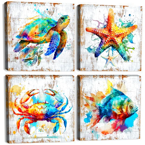 AIYISU Sea Turtle Bathroom Wall Art Beach Decor Watercolor Fish Crab Starfish Canvas Prints Colorful Sea Animals Coastal Paintings Ocean Life Nursery Decor for Bedroom Living Room Home Decoration 12x12