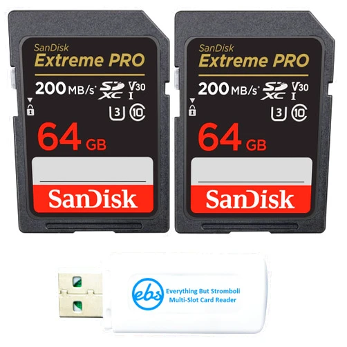 Everything But Stromboli SanDisk 64GB SDXC SD Extreme Pro Memory Card (Two Pack) Works with Nikon D3500, D7500, D5600 Digital DSLR Camera 4K V30 U3 (SDSDXXU-064G-GN4IN) Plus (1) Everything But Stromboli Multi Slot Reader
