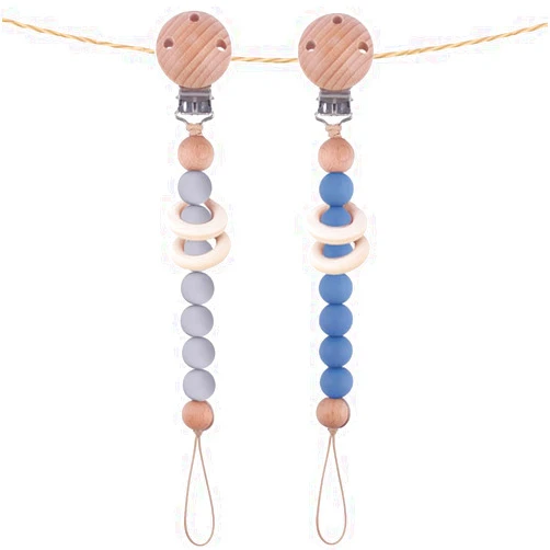 Verxcty 2Pcs Silicone Pacifier Clip with Natural Wooden Rings, Grey and Blue Pacifier Holder Binky Clips for Baby Boys (Blue)