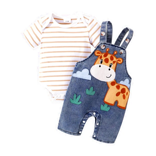 ODIMAME Baby Boy Clothes Newborn Striped Romper Summer Outfits + Infant Cartoon Animals Jeans Suspender Overalls 0-18 Months