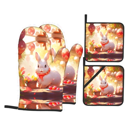Hgvcse Fun Easter Rabbit Oven Mitts and Pot Holders 4pcs Set Heavy Cooking Home Decor Kitchen Christmas Presentdiy