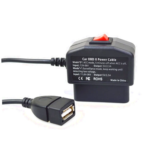 EnruigeOK OBD OBD2 to USB-A Port Power Cable for Dash Camera 24 Hours Surveillance Acc Mode with Switch Button 3Pin OBDII Adapter Hardwire Charger Cable 12-26V to 5V 2.5A