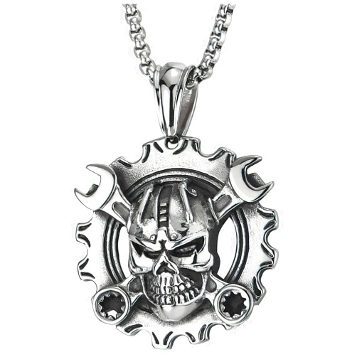 COOLSTEELANDBEYOND Mens Steel Vintage Mechanic Wrench Gear Wheel Skull Pendant Necklace 30 in Wheat Chain Biker Gothic