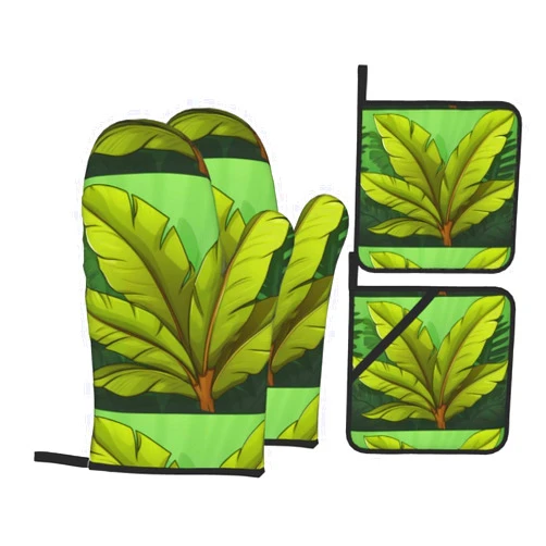 WZYWHJ Oven Mitts and Pot Holders Four-Piece Sets Oven Mitts Oven Gloves Pot Holders and Oven Mitts for Kitchen Baking Cooking Grilling Tropical Banana Leaf Pattern