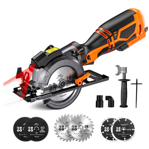 BNLL Mini Circular Saw, 5.8A 3500RPM, Metal Handle, 6 Blades (4-3/4'' & 4-1/2''), Cutting Depth 90 degree (1-11/16''), 45 (1-3/8''), laser Guide Saw for Wood, Soft Metal, Plastic, Orange, TCS115A