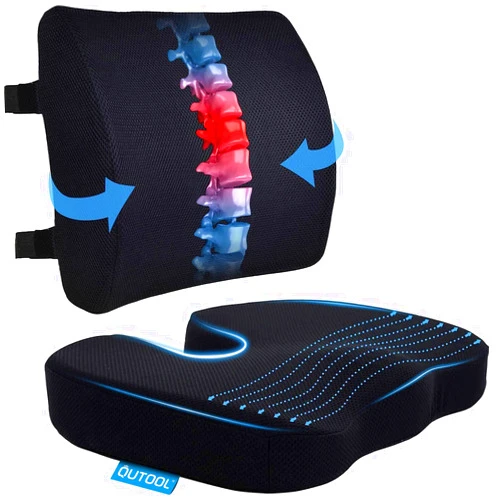 QUTOOL Seat Cushion & Lumbar Support Pillow for Office Chair, Car, Wheelchair Memory Foam Desk Chair Cushion for Sciatica, Lower Back & Tailbone Pain Relief Desk Pad with Adjustable Strap 3D Washable Cover