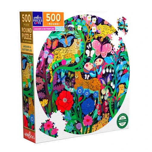 eeBoo Piece & Love: Jaguars & Butterflies - 500 Piece Puzzle - Adult Round Jigsaw, 23