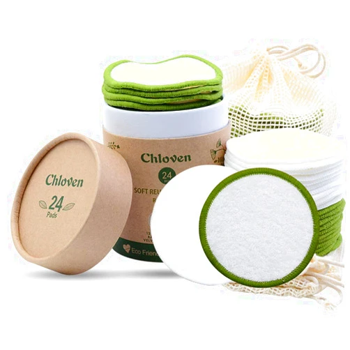 Chloven Reusable Makeup Remover Pads 24 Pack - Washable Eco-Friendly Bamboo Velour Pads for all Skin Types,Bamboo Reusable Cotton Rounds for Toner, with Cotton Laundry Bag And Round Box for Storage