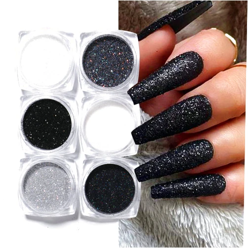KCXUUYS 6 Boxes Nail Glitter Powder Black White Sugar Glitter Dust Powder for Nails, Superfine French Chrome Iridescent Candy Coat Nails Sweater Design Manicure Decorations DIY Crafts
