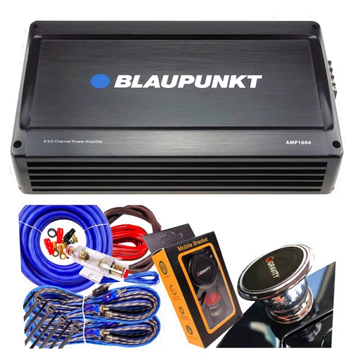 BLAUPUNKT AMP1604 1600 Watts – 4 Channel 2 Ohm Stable Full Range Amplifier Boost Bass, 4/3/2 Channels, Slim Compact Amp with 4 Gauge Amplifier Blue Kit and Gravity Magnet Phone Holder Bundle