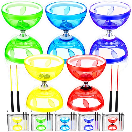 Hungdao 5 Set Chinese Diabolo Set Triple Bearing Chinese Yoyo 5” Multi Colors Diabolo Big Diabolo Yoyo with 5 Pairs Fiberglass Sticks, 5 Mesh Drawstring Bags and 5 Strings