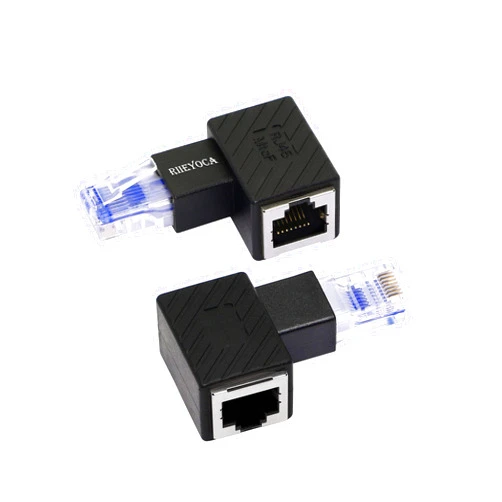 RIIEYOCA 90 Degree Ethernet Adapter,Right Angle RJ45 Male to Female Extension Cat6 LAN Network Connector,for Computers, Laptops, Routers(2-Pack)