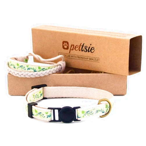 Pettsie Kitten Collar Set, Breakaway Safe Buckle, Matching Friendship Bracelet, Soft Cotton for Sensitive Skin, D-Ring for Accessories, Carton Box, Easy Adjustable 5-8 Inches Neck, Green