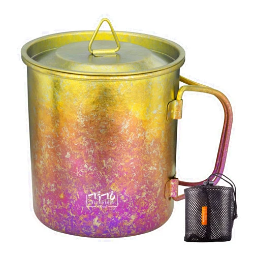 TiTo Titanium Cup Titanium Pot with Lid Ultralight Portable 450ml Foldable Handle Camping Tea Coffee Water Mug for Outdoor Backpacking Hiking Picnic Drinkware with Mesh Sack (Colorful)