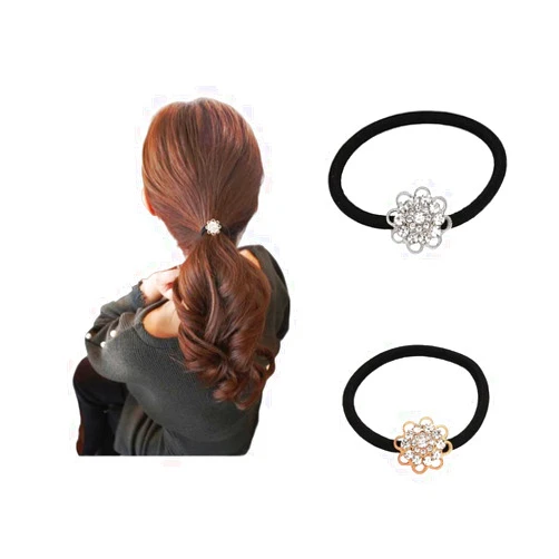 LOVEF 2 Pcs Korean Style Hair Jewelry Gold Plated Crystal Rhinestone Flower Elastic Ponytail Holder Hair Tie Rope Band Ring Rubber Band Hair Accessories (Gold+Silver)