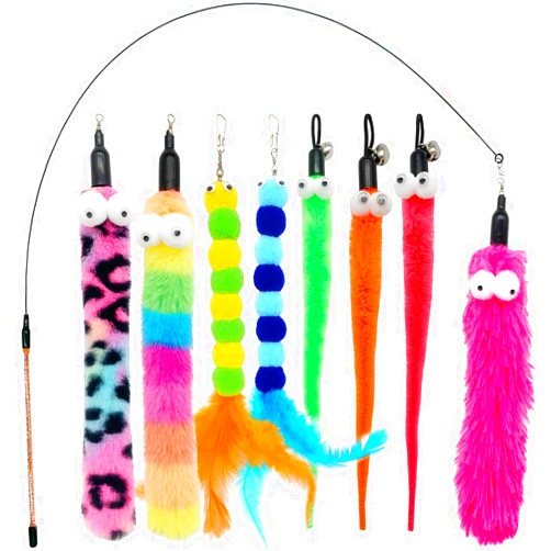 CATENESS Cat Wand Toy Cat Feather Toys, 1 PCS Elasticity Cat Toy Wand and 8 PCS Cat Worm Toy Refills, Interactive Cat Teaser Wand Toy for Indoor Cats Play Exercise