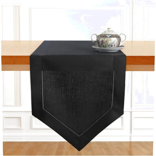 D'Moksha Homes Black Linen Table Runner 90 Inches Long - 100% Pure Linen Diamond Table Runner 14 x 90 Inch - Machine Washable Dining Table Runner for Fall, Halloween, Thanksgiving