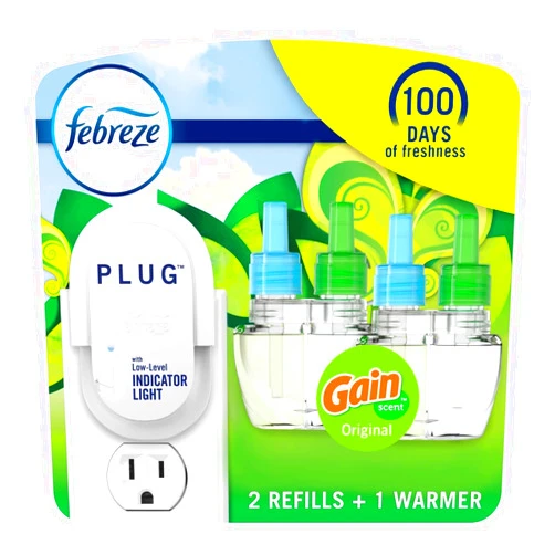 Febreze Plug In Air Freshener, Odor-Fighting Scented Oil Starter Kit, Air Fresheners for Home and Bathroom and Kitchen, Long Lasting for Strong Odors, Gain Original Scent, Warmer + 2 Refill