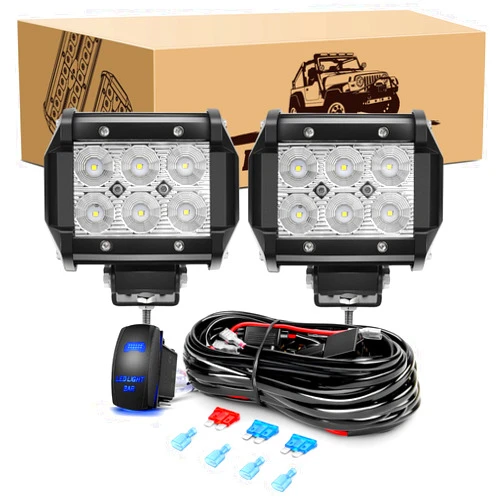 GOOACC 2PCS 18W LED Pods Flood Light Bar Fog Light Driving Lighting with 12V 5Pin Rocker Switch Off Road Wiring Harness-2 Leads for Truck Golf Cart SUV ATV UTV Boat, 2 Years Warranty (Auto-605)