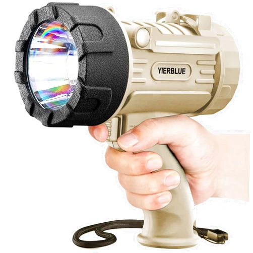 YIERBLUE Rechargeable Spotlight Flashlight with 1000,000 Lumen LED, IP67 Waterproof Long Running Spot Light searchlight, Impact Resistant Handheld Spotlight with Foldable Stand and Detachable Red Lens
