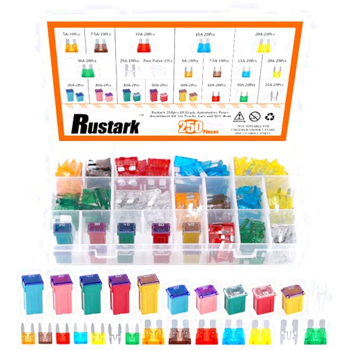 Rustark 250pcs US Grade Automotive Fuses Assortment Kit Standard & Mini Car Blade Fuses, Low and Tall/STD Profile Box Shaped Assorted Fuse for Trucks, Cars and SUV, Boat