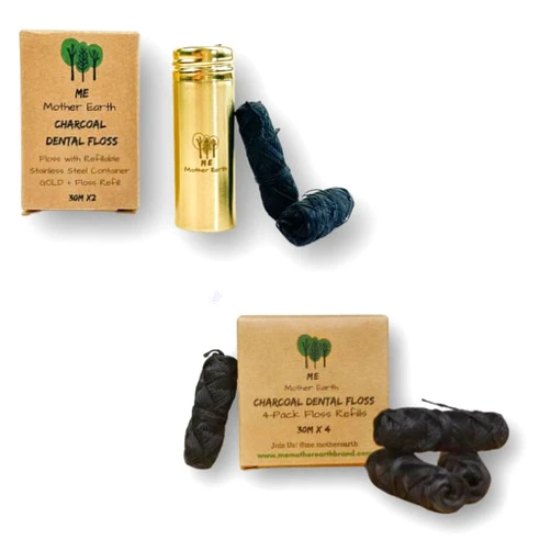 ME MOTHER EARTH Vegan Biodegradable Bamboo Charcoal Dental Floss with Refillable Gold Stainless Steel Container with 33yds x4 Refill | Peppermint Essential Oil | Eco Friendly Zero Waste Oral Care
