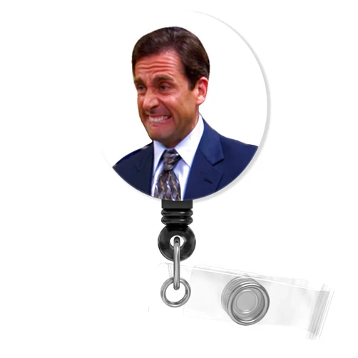 PastelMoon Michael Funny Badge Reel Retractable, Heavy Duty Plastic ID Badge Holder with Alligator Clip for Nurses, Cute Badge Reel The Office, White