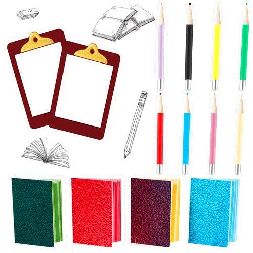 Sumind 4 Pieces Miniature Book with 8 Pcs Pencil and 2 Pcs Clipboard Dollhouse Home Miniature Model DIY Decor Doll House School Accessories Coloring House Play Set(Simple Style)