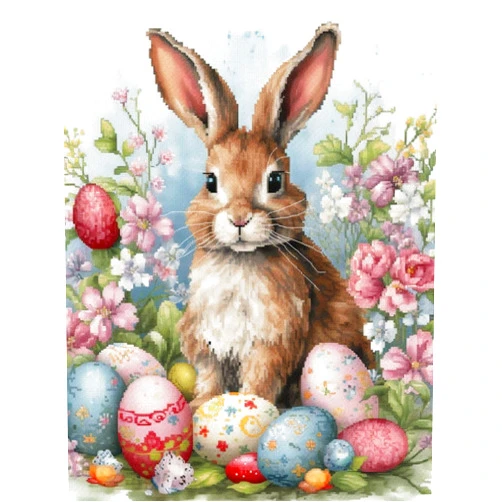 Generic Easter Basket Bunny 11ct Counted Cross Stitch Kits Color Printed Stamped Cross-Stitch Supplies Needlework Printed Embroidery Kits DIY Kits Needlepoint Starter Kits 40x50cm(i122)