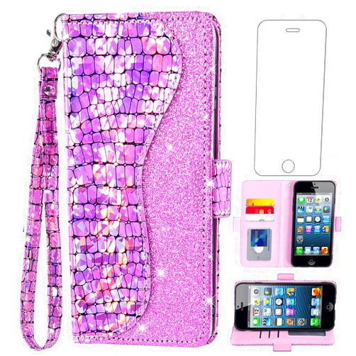 Asuwish Phone Case for iPhone 5S 5 SE 2016 5SE Wallet Cover with Screen Protector and Flip Card Holder Bling Glitter Cell iPhone5 iPhone5s iPhoneSE iPhone6se i 6SE iPhone5se Women Girls Pink