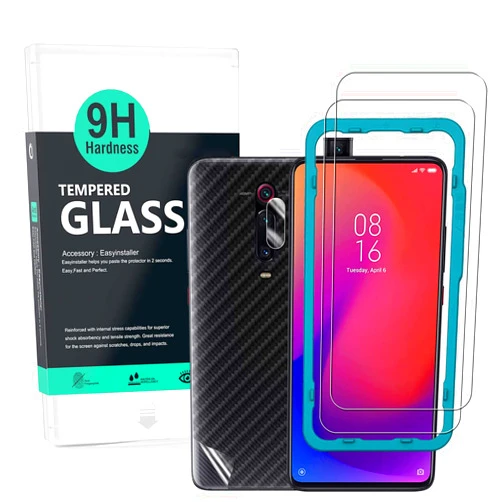 Ibywind Screen Protector For Xiaomi Mi 9T/Redmi K20/K20 Pro,with 2Pcs Tempered Glass,1Pc Camera Lens Protector,1Pc Backing Carbon Fiber Film [Fingerprint Reader,Easy to install]