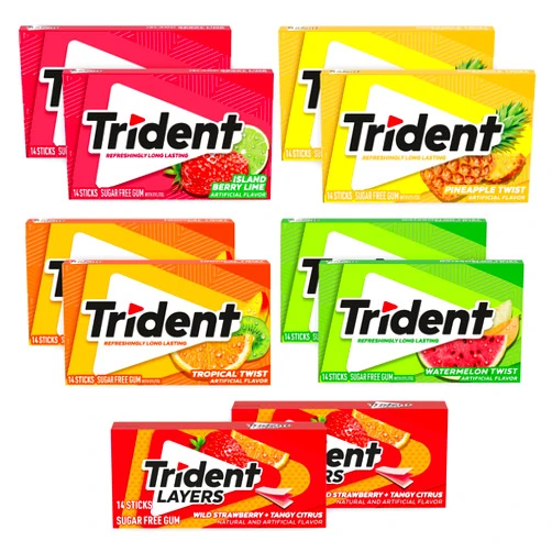 Snackivore Trident Gum Variety 10 Pack- Includes 2 Packs Each of 5 Flavors- Pineapple Twist, Layers Wild Strawberry/Tangy Citrus, Watermelon Twist, Tropical Twist, Island Berry Lime Sugar Free Gum