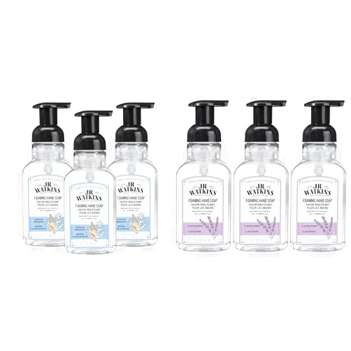 J.R. Watkins Foaming Hand Soap Pump Dispenser, Moisturizing Foam Hand Wash, All Natural, Alcohol-Free, Cruelty-Free, USA Made, Ocean Breeze, Lavender, 9 fl oz, 3 Pack