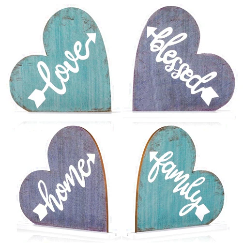 Jetec 4 Pieces Wooden Table Decorations Wood Family Love Blessed Sign Freestanding Home Tabletop Decor Heart Shaped Table Centerpiece Rustic Wood Home Sign for Holiday Party Office Shelf Mantel Decor
