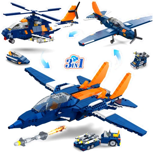 HOGOKIDS 3 in 1 Fighter Jet Plane Building Sets, Military Propeller Aircraft Gunship Building Toys with Vehicle/Rocket Launcher/Speedboat Model Toys, Birthday Gift for Kids, Boys and Girls 10+, 738PCS
