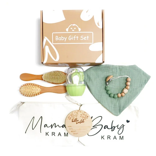 DCIDBEI 8 Packs Baby Essentials Baby Shower Gifts New Mom Gifts - Baby Brush and Comb Set,Baby Nail Clippers,Baby Bag for Mom,Baby Gift Bag, Baby Bibs, Pacifier Clips and Baby Announcement Sign