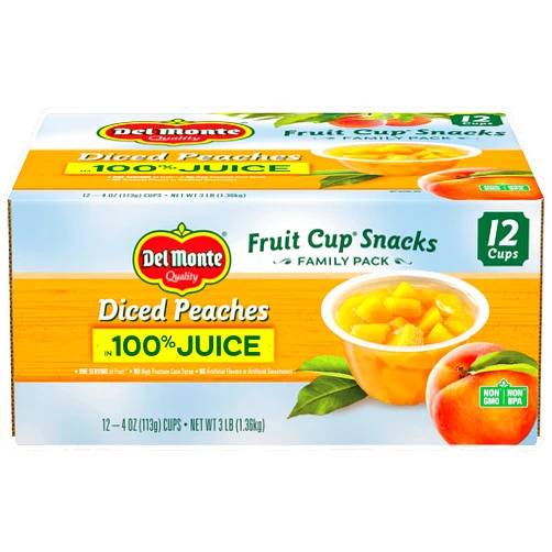 DEL MONTE Diced Peaches FRUIT CUP Snacks in 100% Fruit Juice, 12 Pack, 4 oz