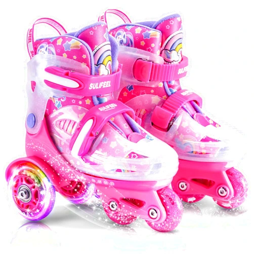 SULIFEEL Adjustable Roller Skates for Girls Boys Kids,Fun Illuminating Light Up Flash Wheels Three-Point Type Balance Suitable for Beginners Indoor Roller Skating