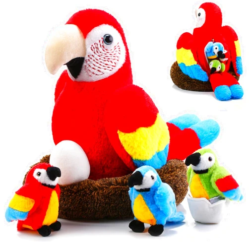 Meooeck 7 Pcs Macaw Parrot Plush Toys Set 13 Inch Zippered Mommy Parrot Stuffed Animal with Nest Egg and 3 Cute Baby Plushies Gifts for Kids Birthday Hawaii Party Decor