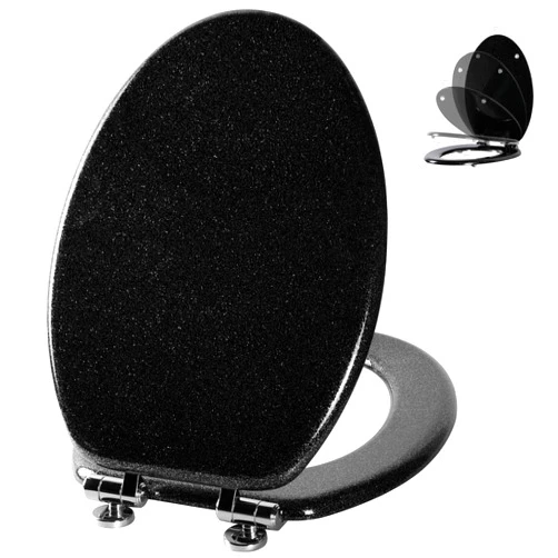 Angol Shiold Glitter Toilet Seat Molded Wood Elongated Toilet Seat with Quietly Close and Quick Release Hinges, Easy to Install also Easy to Clean (Elongated 18.5'', Black)
