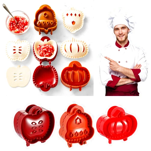 KUJAIS Mini Pie Molds Dough Presser Pocket Pie Molds for Baking, Party Potluck Hand Pie Molds Set of 3, Apple, Pumpkin and Acorn Shapes (Red)