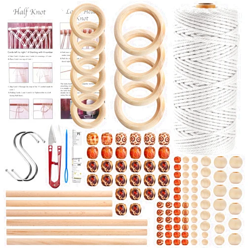 Hdviai 121Pcs Macrame Kit, Macrame Supplies 3mm x 109Yards Macrame Cord for Macrame Kits for Adults Beginners, with Accessories Like 100Pcs Beads and 10Pcs Wooden Rings for Macrame Plant Hanger Kit